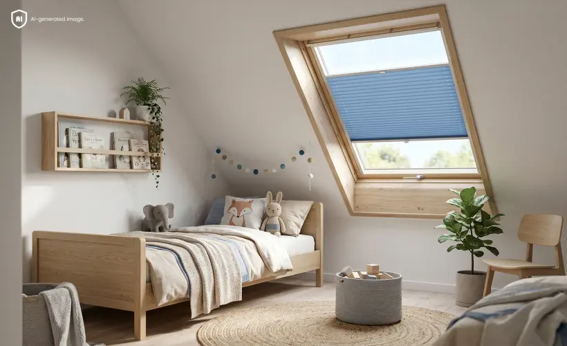 Chambre d'enfant lumineuse dans les combles avec un store de fen&ecirc;tre de toit bleu &agrave; la fen&ecirc;tre