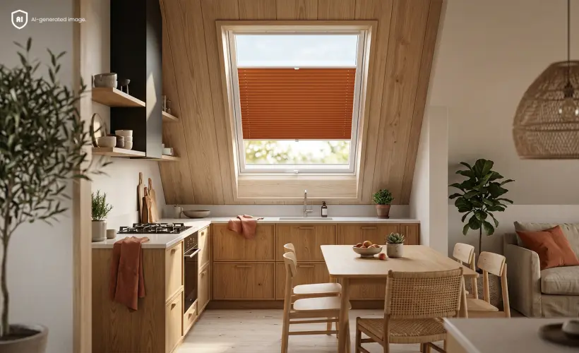 Petite cuisine dans les combles avec un store de fenêtre de toit orange à la fenêtre