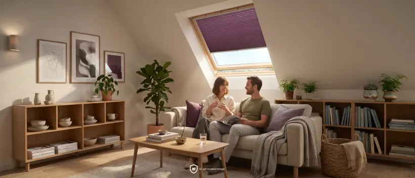 Couple assis sur un canap&eacute; dans les combles, store pliss&eacute; velux prune en arri&egrave;re-plan